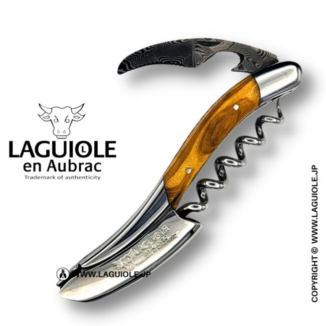 ラギオール ソムリエナイフ、オリーブウッドハンドル、ダマスカスブレードエディション