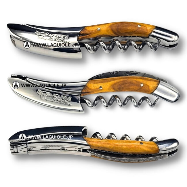ラギオール ソムリエナイフ、オリーブウッドハンドル、ダマスカスブレードエディション