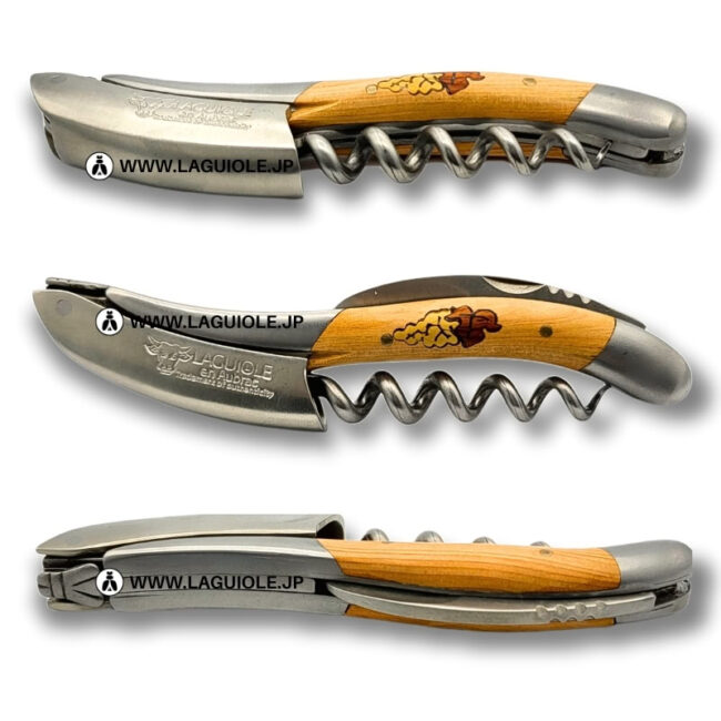 ラギオール ソムリエナイフ、ブドウ象嵌細工とジュニパーウッドハンドル