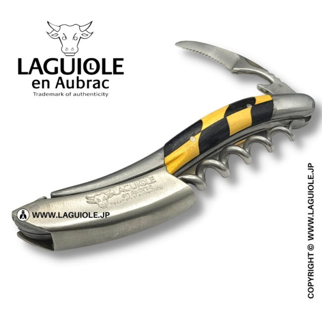 ラギオール ソムリエナイフ、市松模様の象眼細工 ボックスウッド＆エボニーウッドハンドル